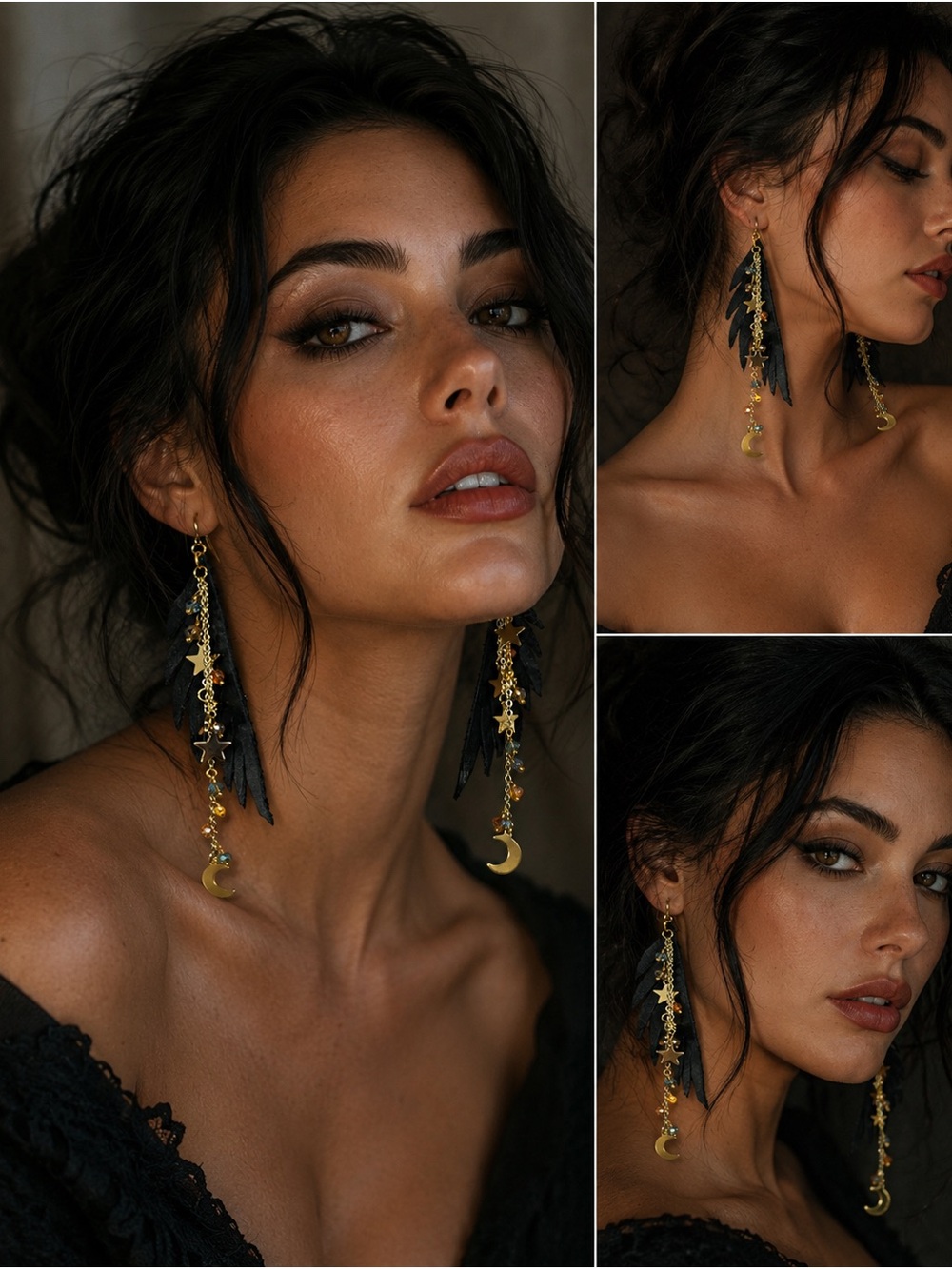 Black Leather Raven Wings & Gold Star Moon Drop Fringe Boho Earrings | Artisan - Picture 12 of 16